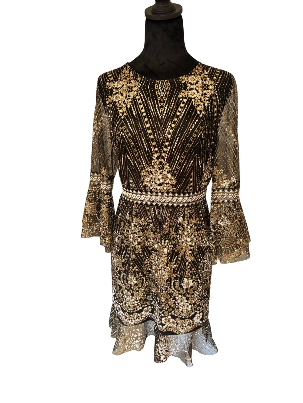 Fashion Nova Black Gold Sequin Embellished Bell Sleeve Mini Dress M